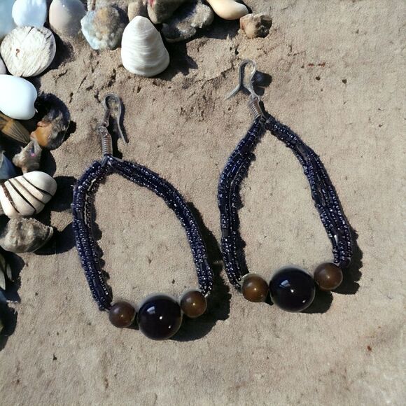 Witchy Large Hoop Beaded Earrings Black Metallic Dangle Bohemian Lightweight Vtg - Picture 1 of 16